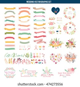 Wedding graphic set with flowers, ribbon, and more vector element.