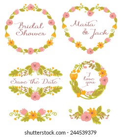 Wedding graphic set: frames, wreath and flowers. Vector illustration, floral design