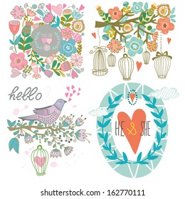 Wedding graphic set, hearts, blossom branches, birds, cages, flowers and wreaths.