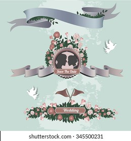 Wedding graphic set,  ribbons, banners and labels. Vintage