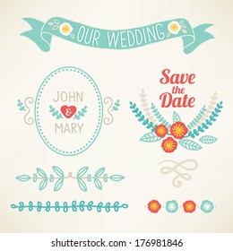 Wedding graphic set. Ribbons, frames, hearts, wreathes and labels. 
