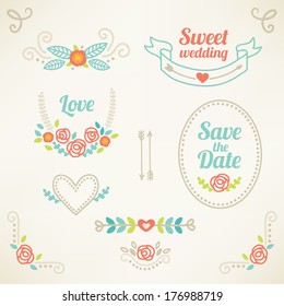 Wedding graphic set. Ribbons, frames, dividers, wreathes and labels. 