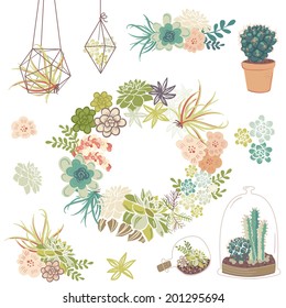 Wedding graphic set with succulents, wreath and glass terrariums