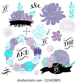 Wedding graphic set with succulents, wreath and glass terrariums