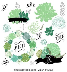 Wedding graphic set with succulents, wreath and glass terrariums