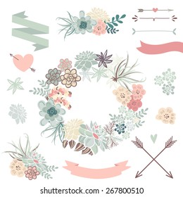 Wedding graphic set with succulents, wreath and glass terrariums