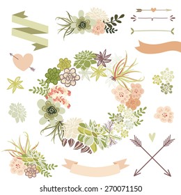 Wedding graphic set with succulents, wreath and glass terrariums