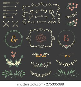 Wedding graphic set with swirls,  arrows, laurels, wreaths, branches, bird,  hearts and ampersands.