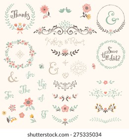 Wedding Graphic Set With Swirls, Laurels, Wreaths, Branches, Flowers, Birds, Butterflies, Catchwords And Ampersands.