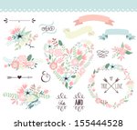 Wedding graphic set, wreath, flowers, arrows, hearts, laurel, ribbons and labels.