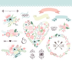 Wedding Graphic Set, Wreath, Flowers, Arrows, Hearts, Laurel, Ribbons And Labels.