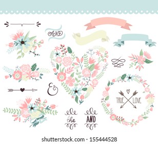 Wedding graphic set, wreath, flowers, arrows, hearts, laurel, ribbons and labels.