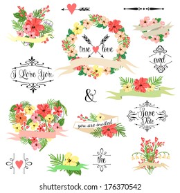 Wedding graphic set, wreath, flowers, arrows, hearts, laurel, ribbons and labels.   