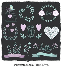 Wedding graphic set, wreath, flowers, arrows, hearts, laurel, ribbons and labels.