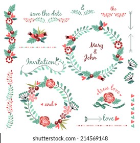 Juego gráfico de bodas, corona, flores, flechas, corazones, laurel, cintas y etiquetas.