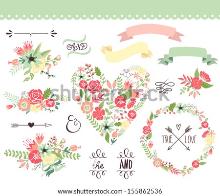 Wedding graphic set, wreath, flowers, arrows, hearts, laurel, ribbons and labels. 