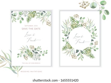 Wedding greenery cards, poster design. Green leaves, fern bouquet, frame, white background. Vector illustration. Romantic floral arrangements. Invitation template