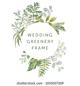 Wedding Greenery Circle Frame. Green Leaves. Vector Illustration. Floral Arrangements. Forest Foliage. Fern. Design Template Greeting Card. Invitation Background.