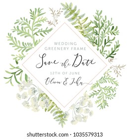 Hochzeitsgraurahmen für Rohdiamanten speichern Sie das Datum. Grüne Blätter. Vektorgrafik. Blumenarrangements. Wälder. Fern. Design Template Grußkarte. Einladender Hintergrund.