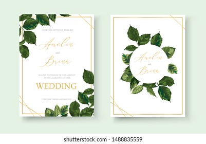 Wedding greenery floral minimalist invitation card save the date design with green roses leaves herbs wreath and frame. Botanical decorative vector template watercolor style