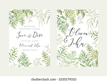 Wedding greenery frame Save the date. Green leaves. Vector illustration. Floral arrangements. Forest foliage. Fern. Design template greeting card. Invitation background.