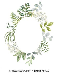 Wedding greenery oval frame. Green leaves. Vector illustration. Floral arrangements. Forest foliage. Fern. Design template greeting card. Invitation background.