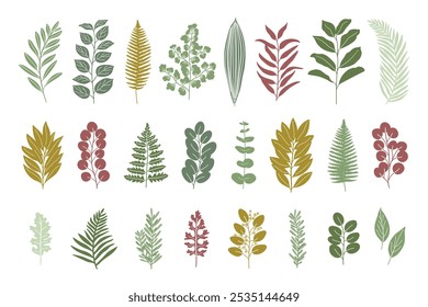 Coleção de silhuetas verdes de casamento. Conjunto de magnolia, eucalipto, baía, salal, samambaia, limão, alecrim, folhas naturais de azeitona. Ilustração de vetor desenhada à mão