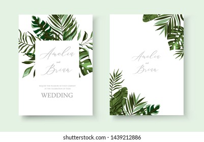 Wedding greenery tropical exotic floral invitation card save the date design with tropic monstera palm leaves herbs wreath and frame. Botanical elegant decorative vector template watercolor style