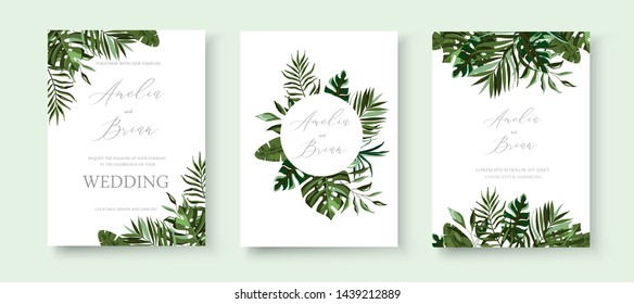 Wedding greenery tropical exotic floral invitation card save the date design with tropic monstera palm leaves herbs wreath and frame. Botanical elegant decorative vector template watercolor style