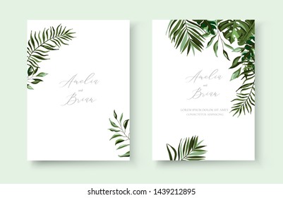 Wedding greenery tropical exotic floral minimalist invitation card save the date design with tropic monstera palm leaves herbs wreath and frame. Botanical decorative vector template watercolor style