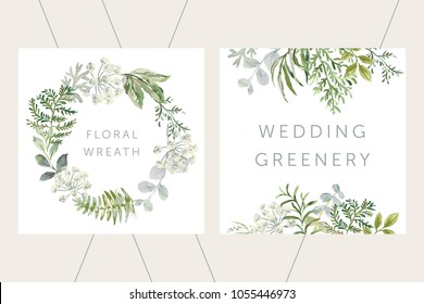 Wedding greenery wreath and frame. Green leaves. Vector illustration. Floral arrangements. Forest foliage. Fern. Design template greeting card. Invitation background.