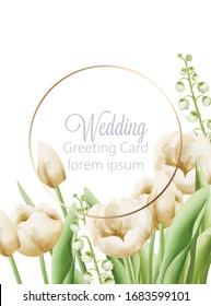Wedding greeting card with cream buttercup and bell flowers with green leaves decoration