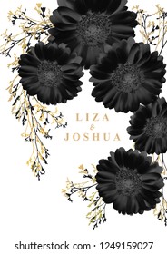 Wedding or greeting card with dark flowers and gold plant branch. Gerbera isolated mesh. Beautiful black flowers. 3d illustration. Vector