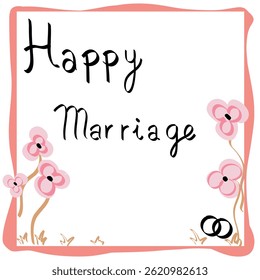 Cartão de saudação de casamento com um quadro rosa encantador adornado com flores vibrantes e anéis de casamento elegantes, celebrando o amor e a felicidade