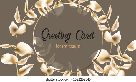 Wedding greeting card with golden leaves wreath. Vector composition