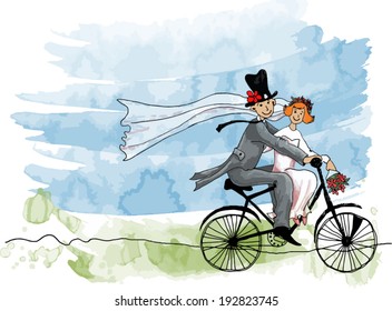 Wedding greeting card. Groom and bride on a bicycle.Vector illustration