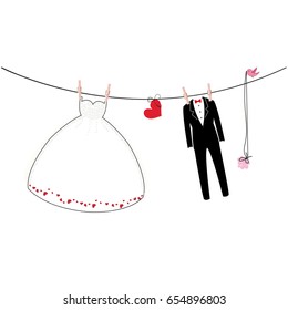 Wedding greeting card with hanging bride and groom vector background