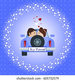 Wedding greeting card "Just Married!". The bride and groom kiss in the car. Vector.