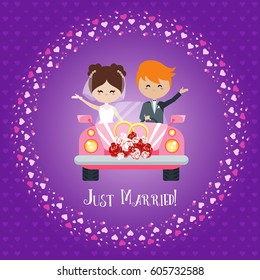Wedding greeting card "Just Married!". The bride and groom ride in the car. Vector.