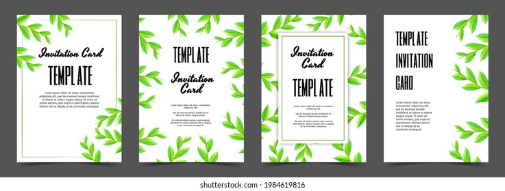Wedding greeting card templates with tree branches with green leaves on white background. Set invitation cards. Vector design.