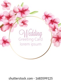Wedding greeting card with watercolor cherry blossoms spring flowers on stem with green leaves