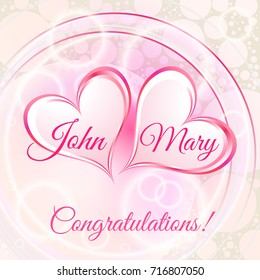 Wedding greeting of a light pink shade with two hearts and light rings and particles. Template