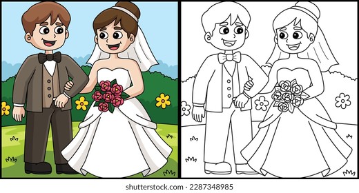 Wedding Groom And Bride Coloring Page Illustration