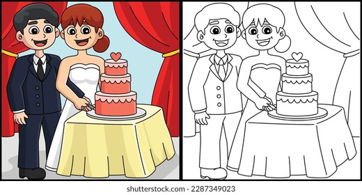 Wedding Groom And Bride Cutting Cake Illustration