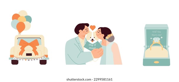 wedding. The groom and the bride as a family with a wedding car and a dog. wedding ring.