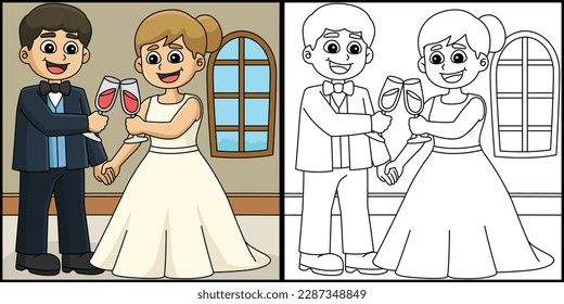 Wedding Groom Bride Toast Coloring Illustration