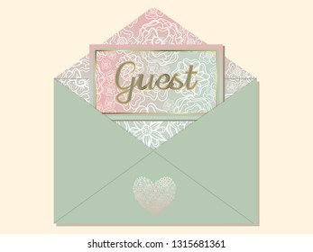 Wedding guest card, flower background and gold frame. Vector illustration