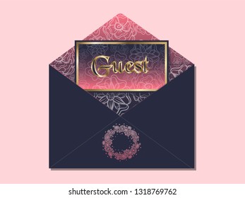 Wedding guest card, flower background and gold frame. Vector illustration