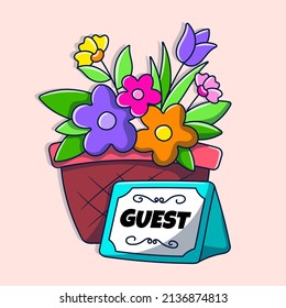 Wedding guest and wreath of flowers with Colored hand drawn doodle style