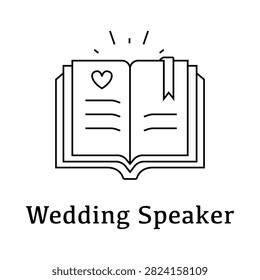 Wedding guestbook line icon, vows book linear symbol, speaker speech vector illustration. Marriage speech book outline icon, wedding vows vector sign for ceremony. Officiant book icon, wedding speaker line art element for marriage ceremony. Minimalist wedding book vector icon, speaker journal line artwork.